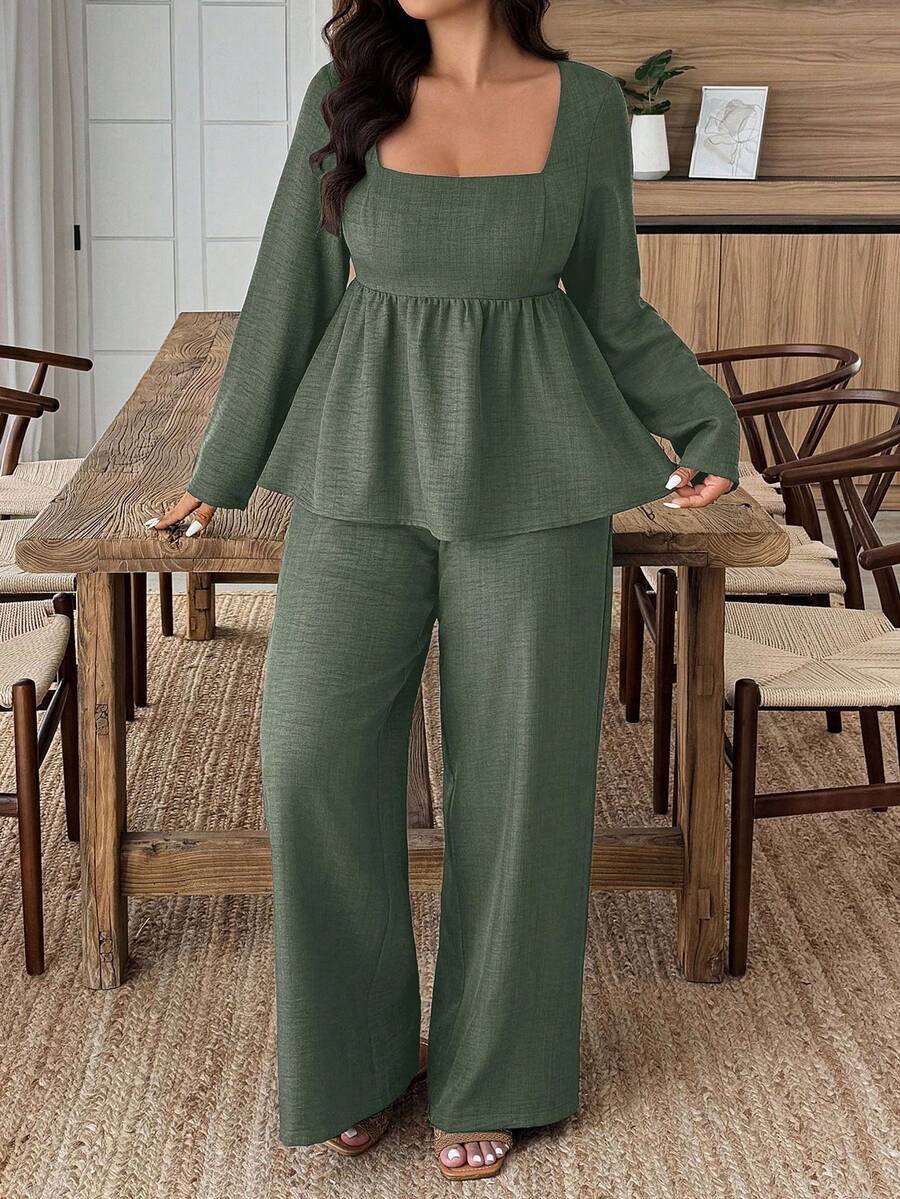 Plus Size Army Green Square Neck Two Piece Set Comfort