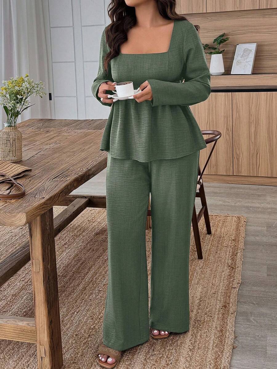 Plus Size Army Green Square Neck Two Piece Set Comfort
