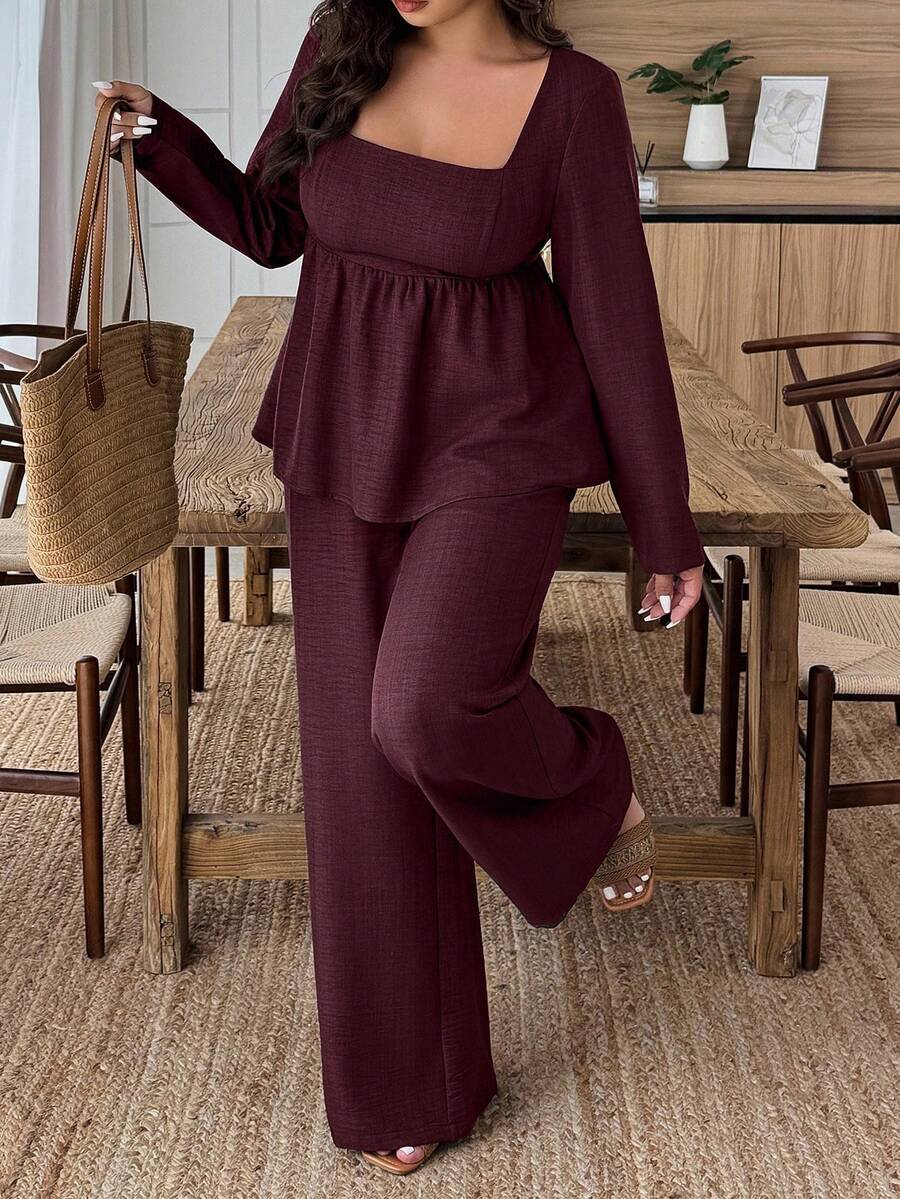 Plus Size Army Green Square Neck Two Piece Set Comfort