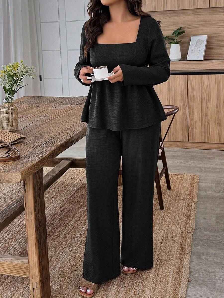 Plus Size Army Green Square Neck Two Piece Set Comfort
