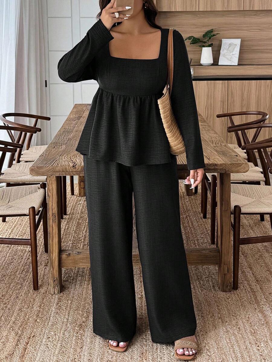Plus Size Army Green Square Neck Two Piece Set Comfort