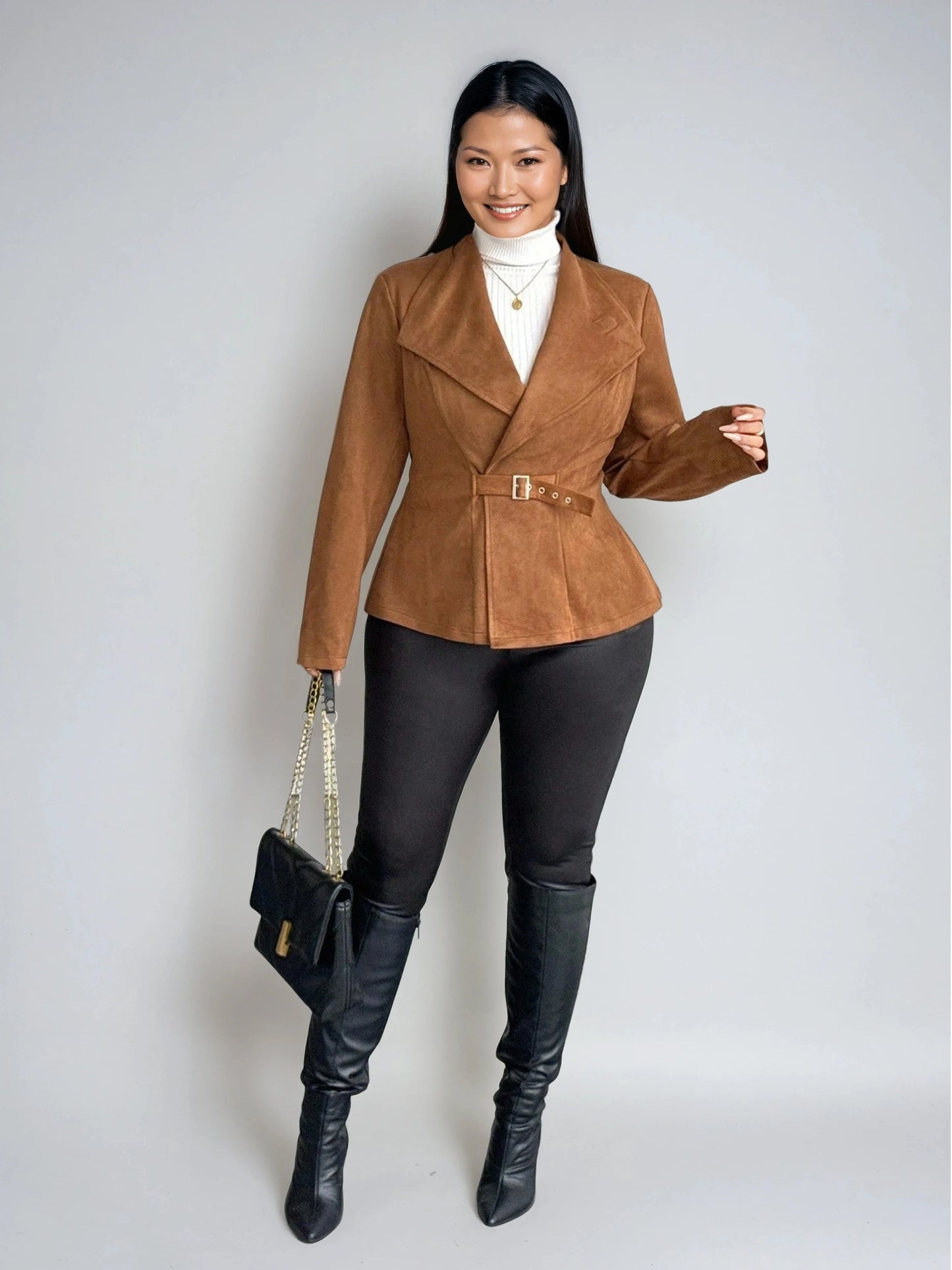 Plus Size Belted Suede Look Jacket For Autumn Essentials