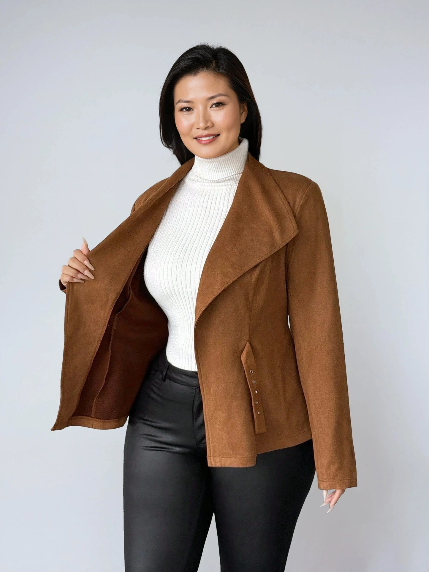 Plus Size Belted Suede Look Jacket For Autumn Essentials