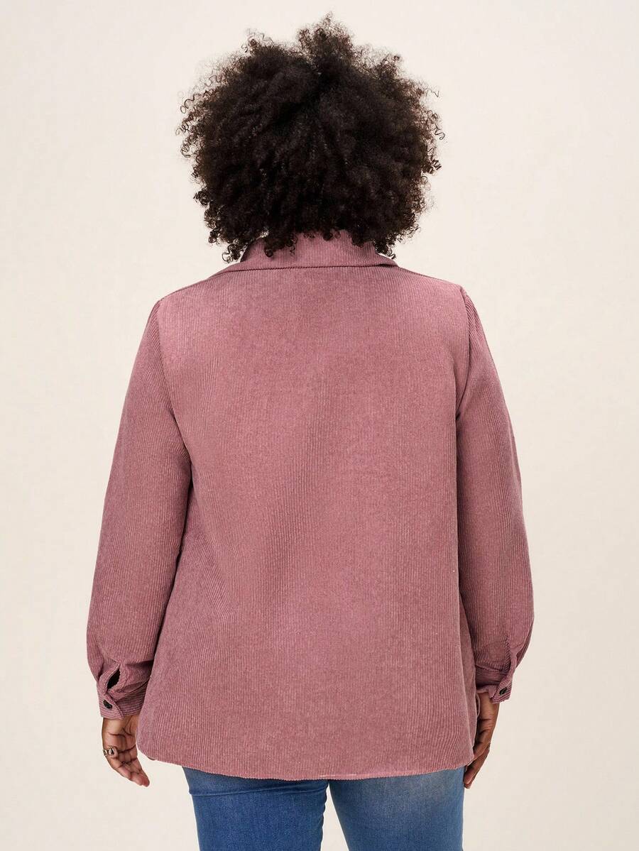Plus Size Corduroy Shacket Single Breasted Blue Long Sleeve