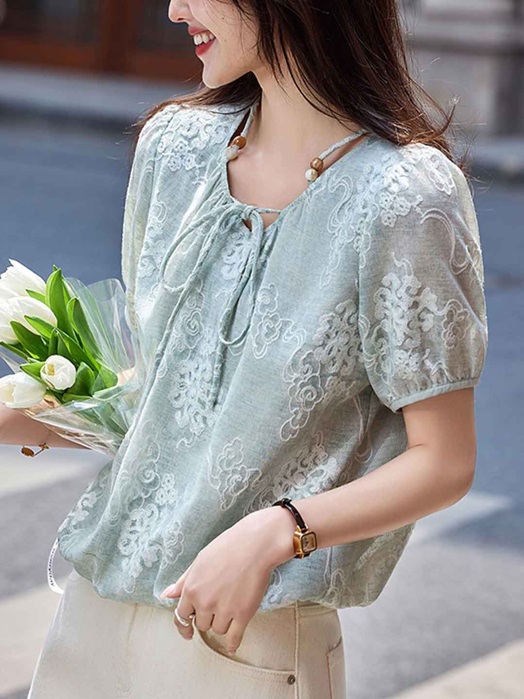 Sophie Loose Crew Neck Embroidered Top