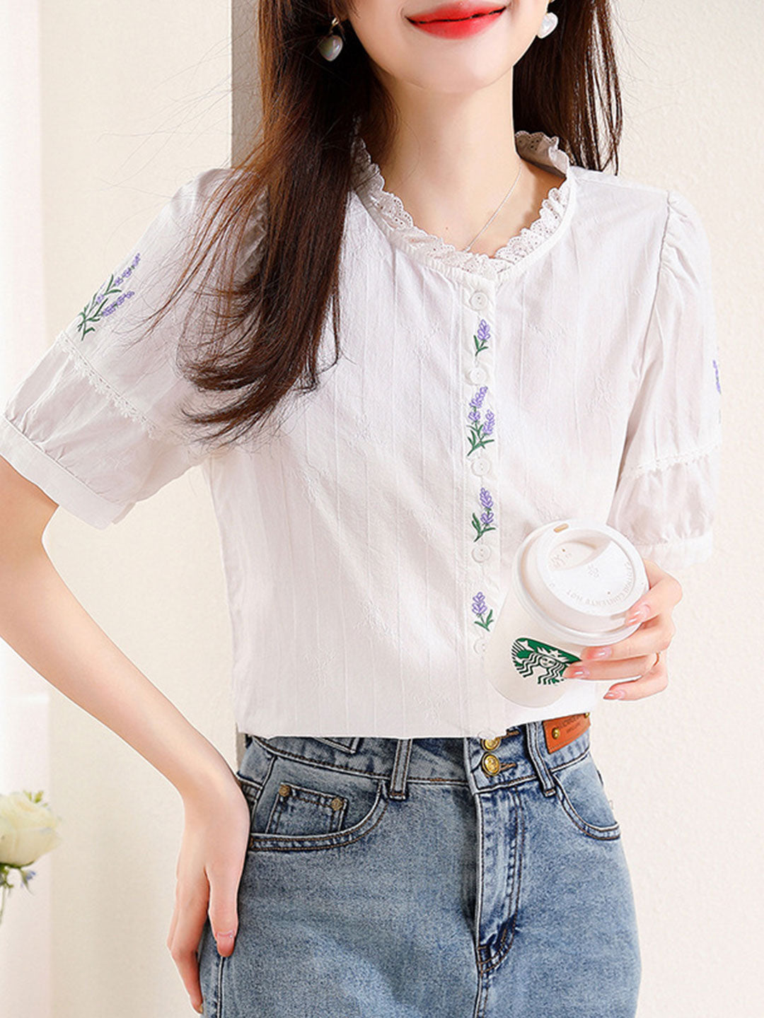 Maria Retro Embroidered Lace Puff Sleeve Shirt-Purple