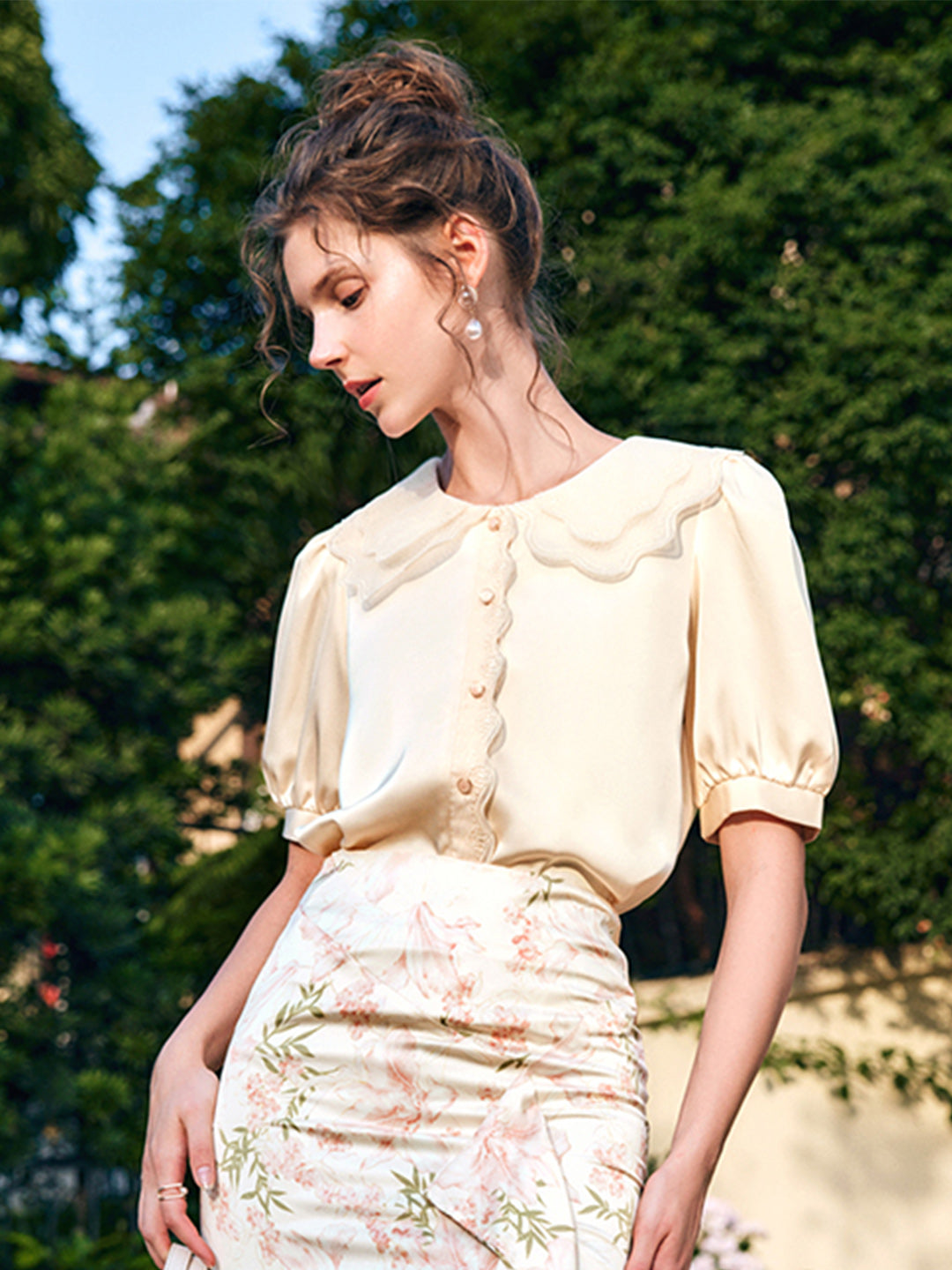 Samantha French Doll Collar Puff Sleeve Satin Shirt