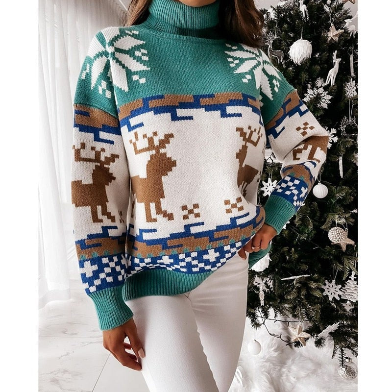 DressBetty - Christmas Turtleneck Sweaters Long Sleeve Elk Snowflake Pattern Pullovers Loose