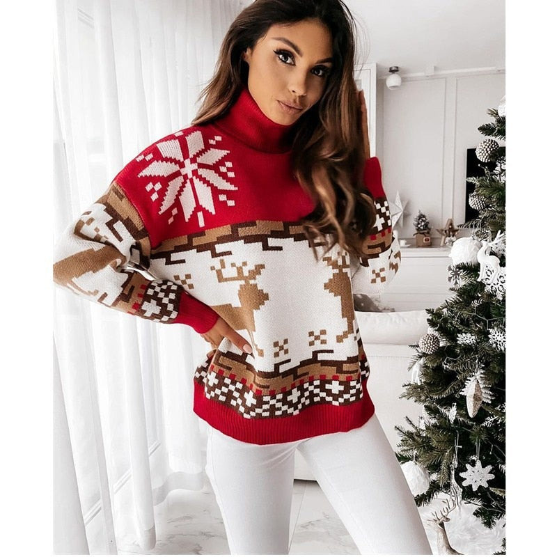 DressBetty - Christmas Turtleneck Sweaters Long Sleeve Elk Snowflake Pattern Pullovers Loose