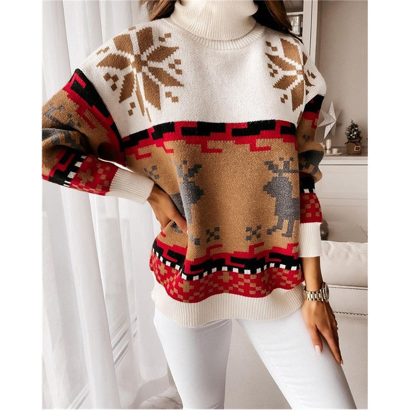 DressBetty - Christmas Turtleneck Sweaters Long Sleeve Elk Snowflake Pattern Pullovers Loose