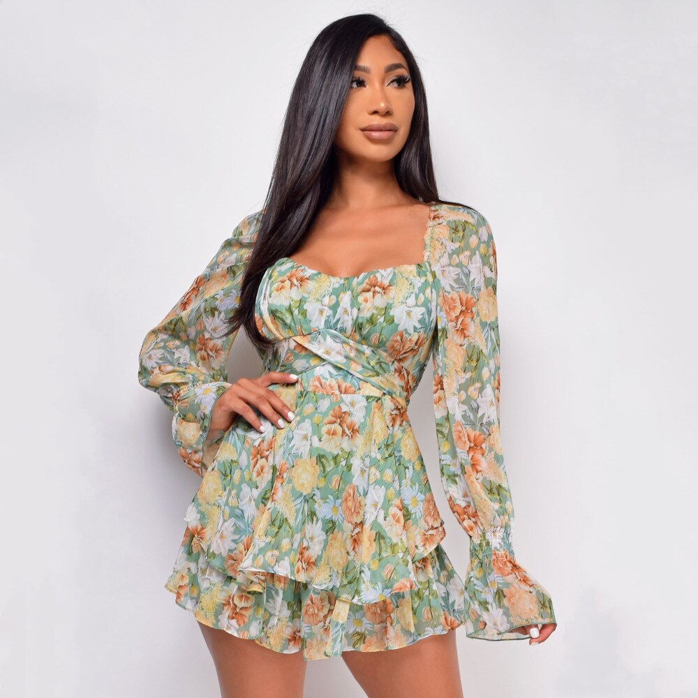 DressBetty - Floral Square Neck Ruffle Romper