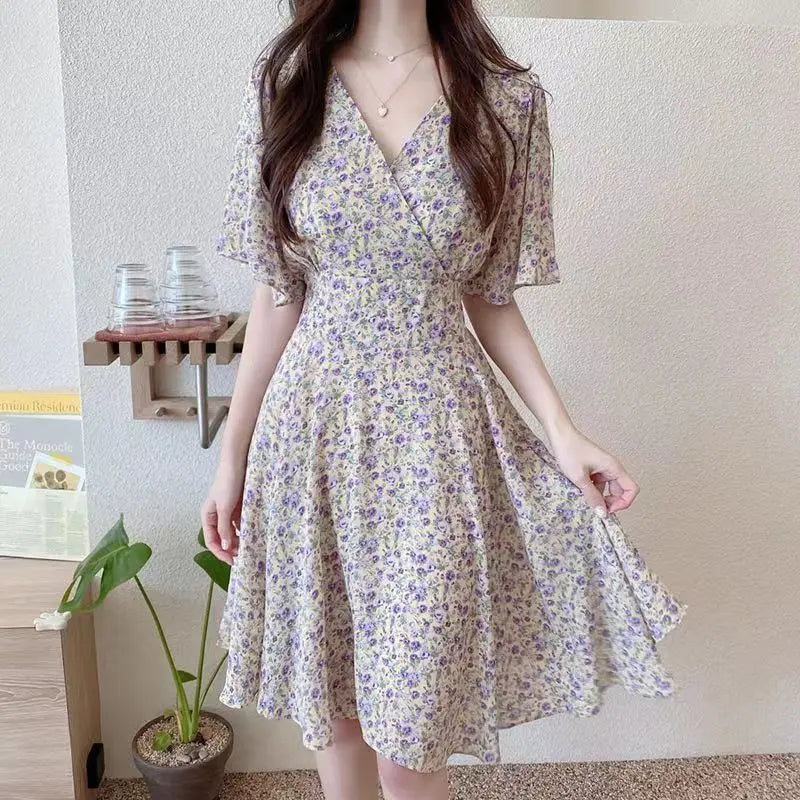 DressBetty - 2024 Summer New Temperament Tight Waist Slim Chiffon Floral Dress
