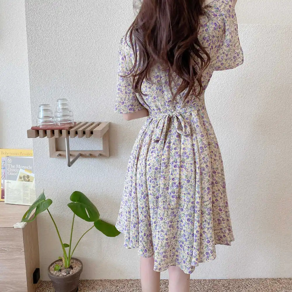 DressBetty - 2024 Summer New Temperament Tight Waist Slim Chiffon Floral Dress