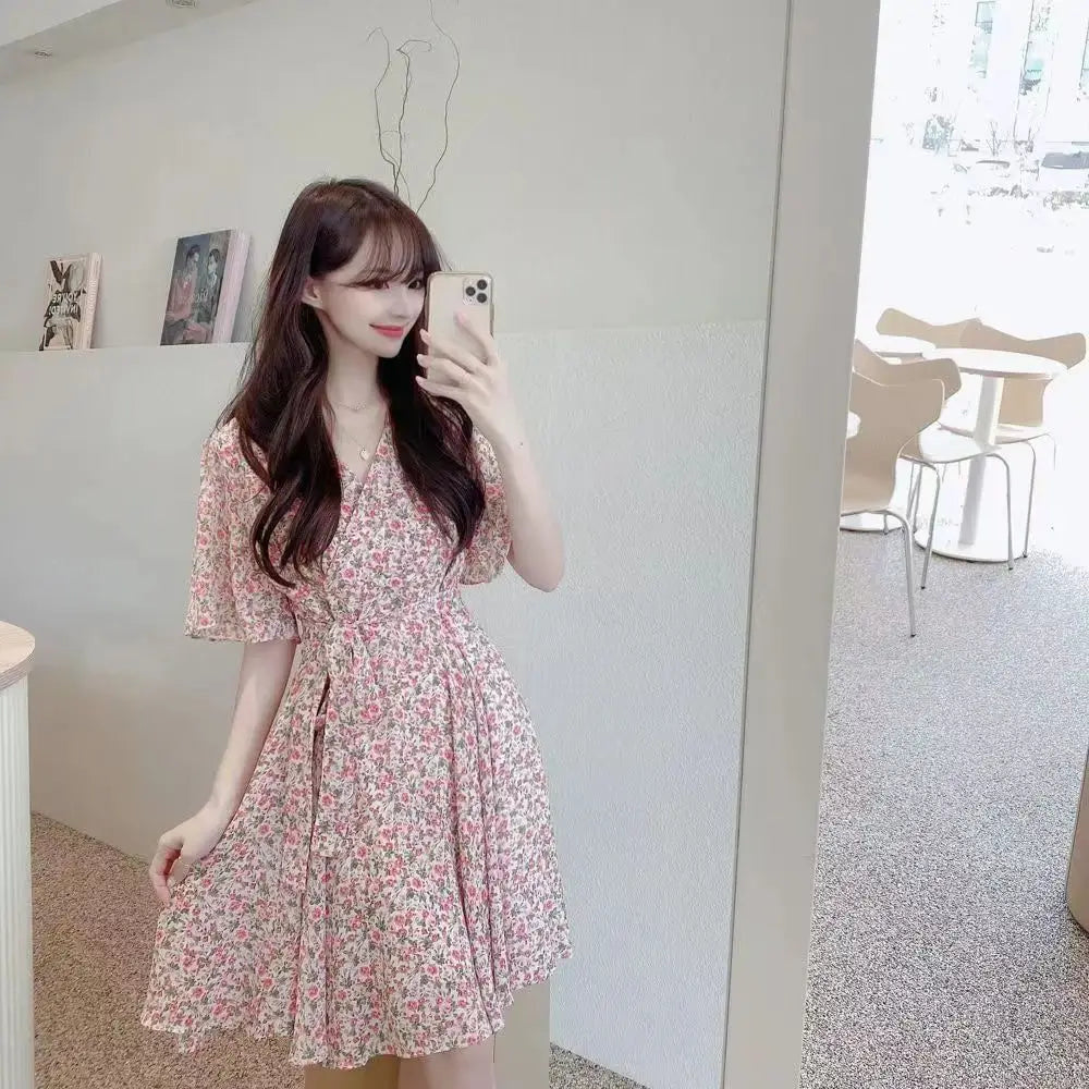 DressBetty - 2024 Summer New Temperament Tight Waist Slim Chiffon Floral Dress