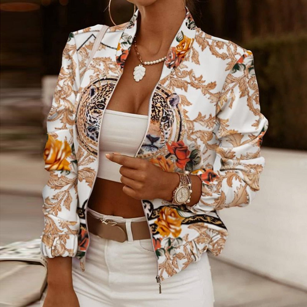 DressBetty - Flower Print Long Sleeve Bomber Jacket