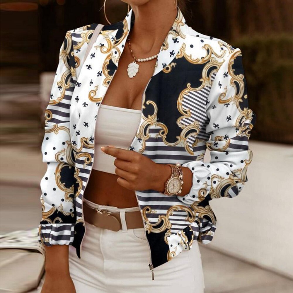 DressBetty - Flower Print Long Sleeve Bomber Jacket