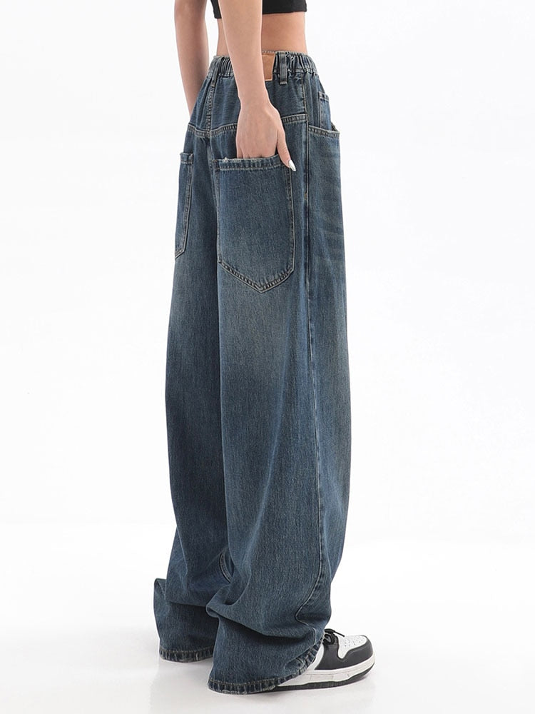 DressBetty - Vintage Baggy Jeans Elastic Waist Oversized Long Trouser Denim Wide Leg Streetwear