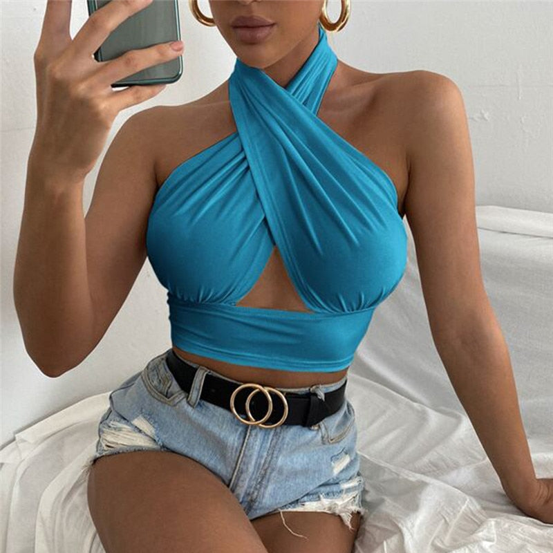 DressBetty - Cross Halter Neck Crop Top