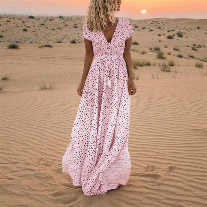 DressBetty - Print Long Party Dress Tassel Maxi Dress Summer Short Sleeve Dresses