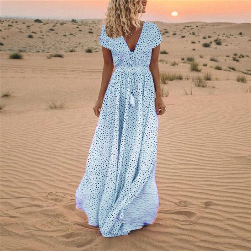 DressBetty - Print Long Party Dress Tassel Maxi Dress Summer Short Sleeve Dresses