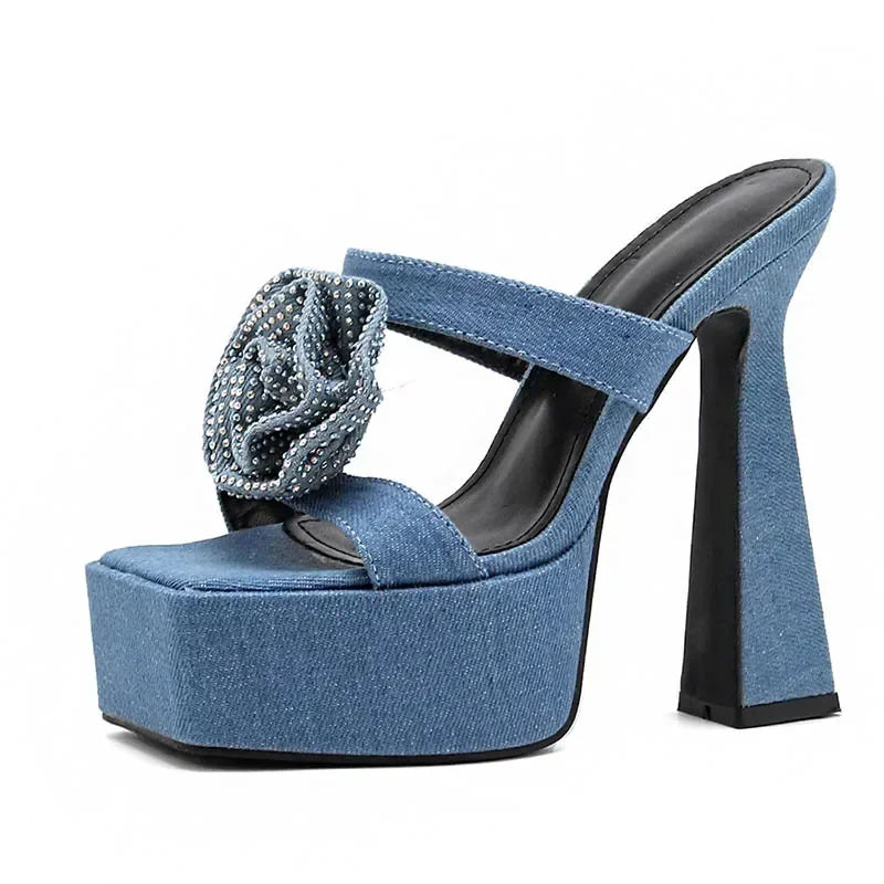 Fashionable 2024 Denim Blue Rhinestone Rose Flower Peep Toe Gladiator High Heel