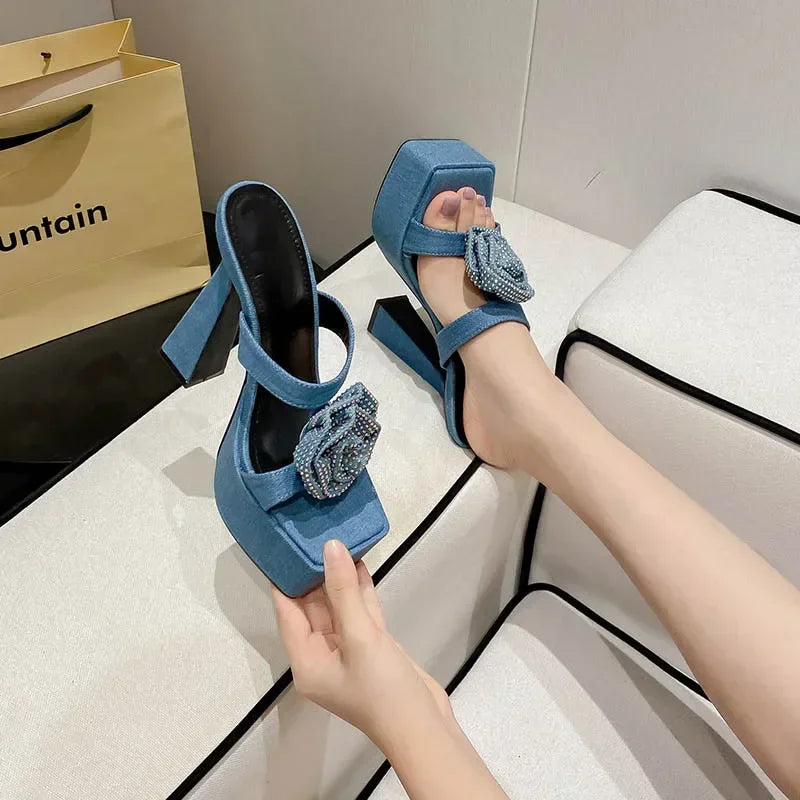 Fashionable 2024 Denim Blue Rhinestone Rose Flower Peep Toe Gladiator High Heel