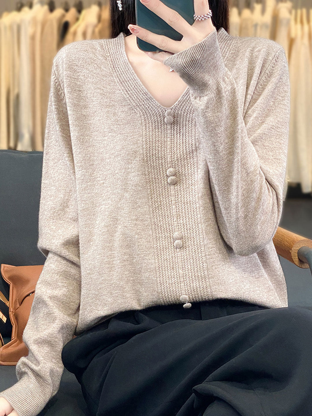Abigail Casual V-neck Loose Knitted Sweater-Brown