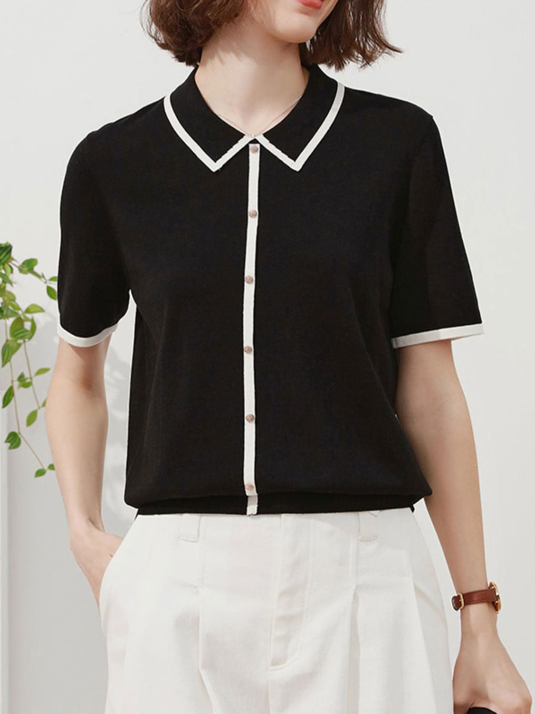 Ava Classic Contrast Lapel Knitted Top-White