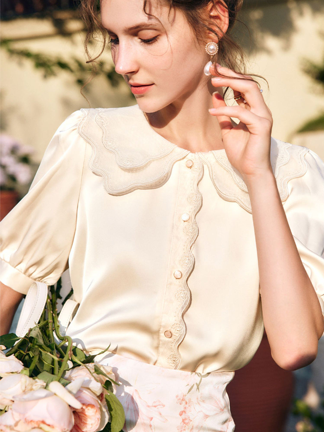 Samantha French Doll Collar Puff Sleeve Satin Shirt