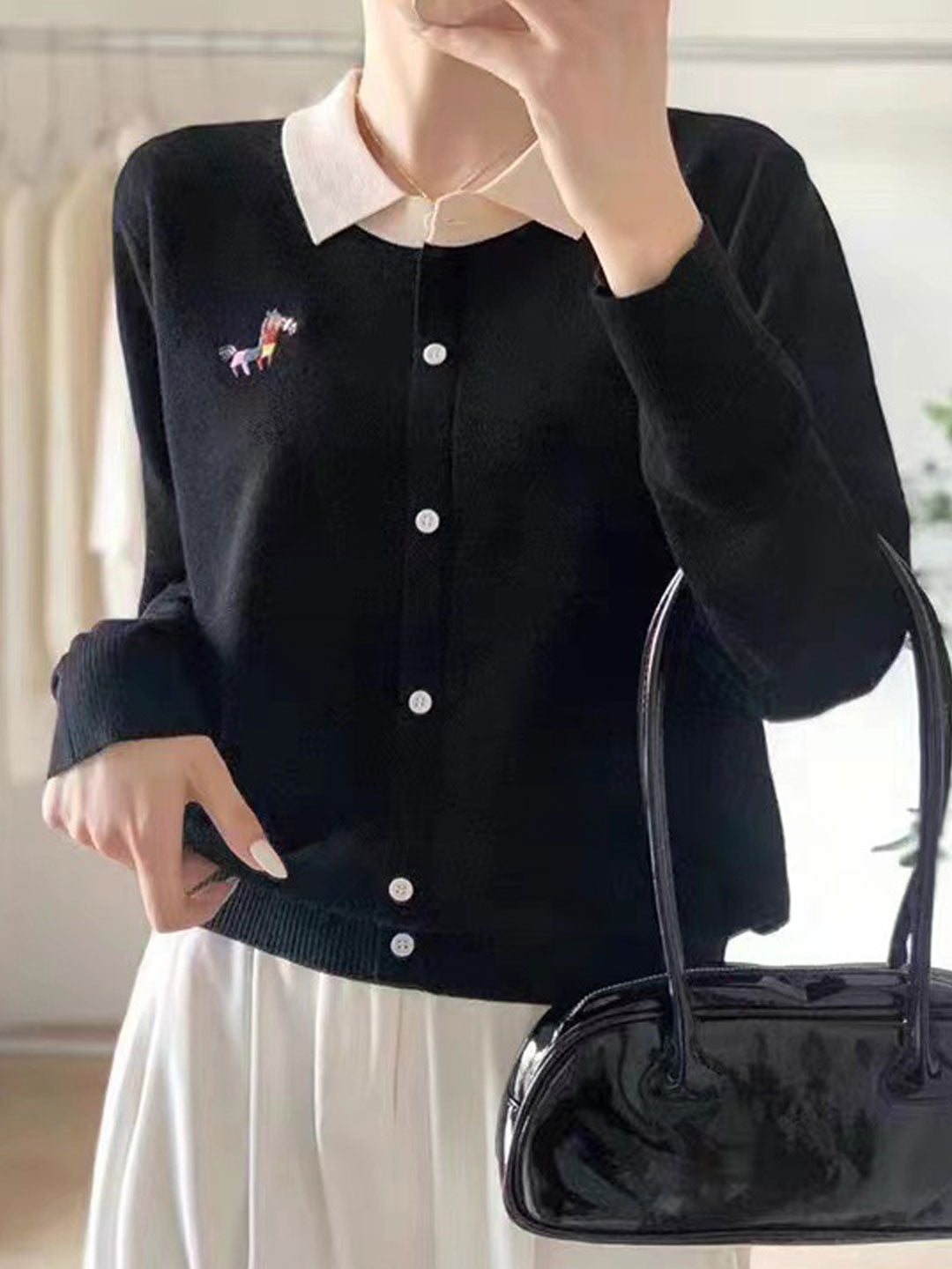 Alyssa Polo Colorblock Embroidered Knitted Cardigan-Gray