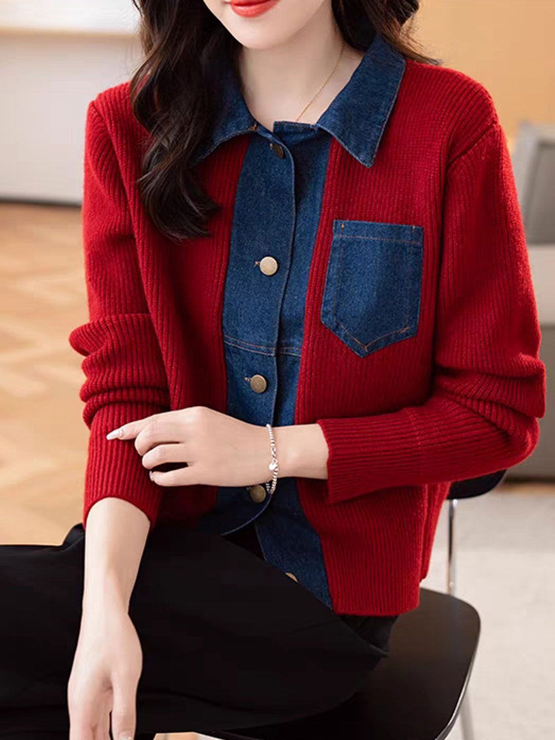 Eva Casual Lapel Patchwork Knitted Cardigan-Navy Blue