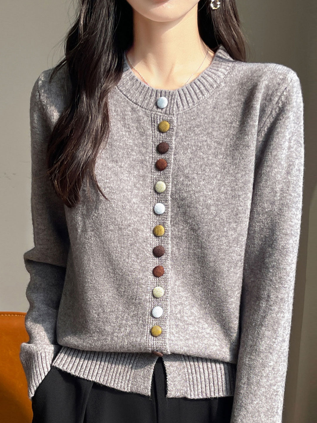 Sophia Classic Crew Neck Colorful Button Knitted Cardigan-Red