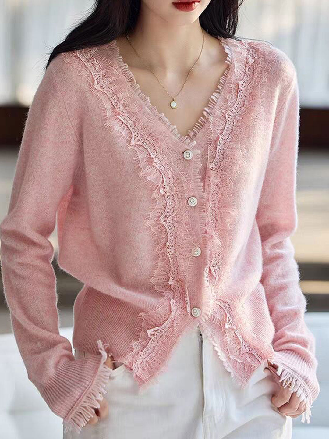 Emma Elegant V-Neck Lace Knitted Cardigan