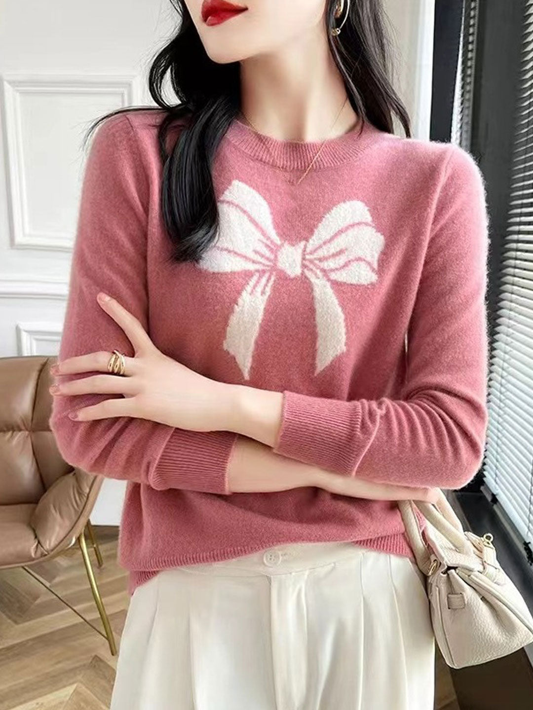 Charlotte Loose Crew Neck Bow Jacquard Knitted Top-Red