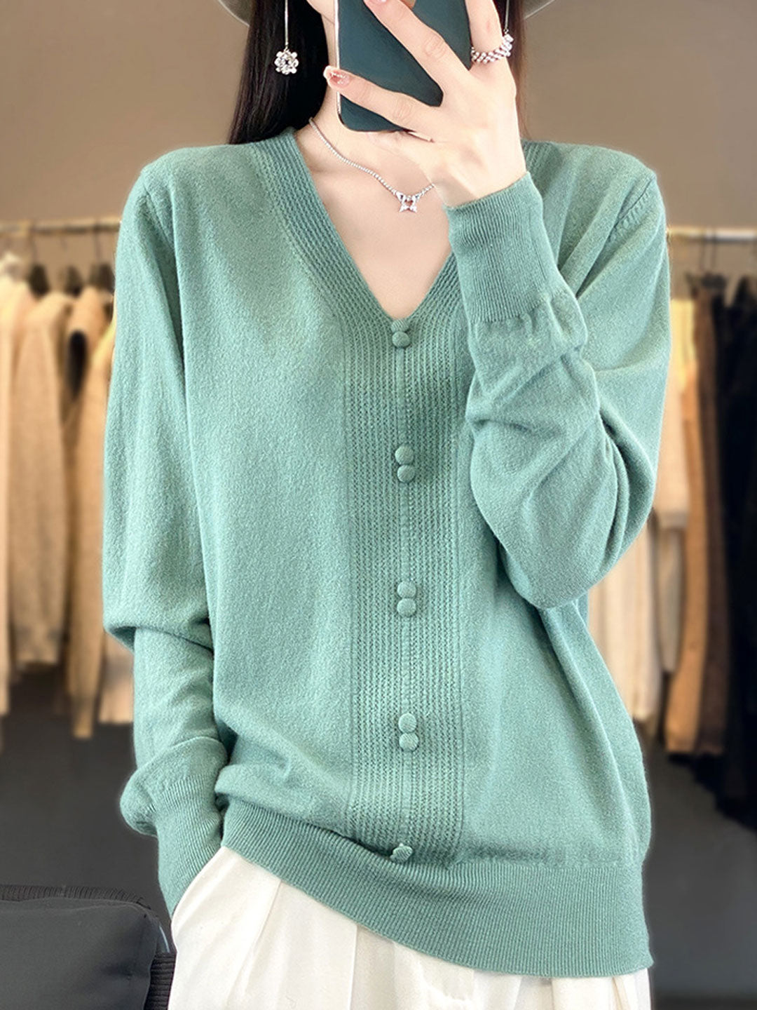 Abigail Casual V-neck Loose Knitted Sweater-Brown