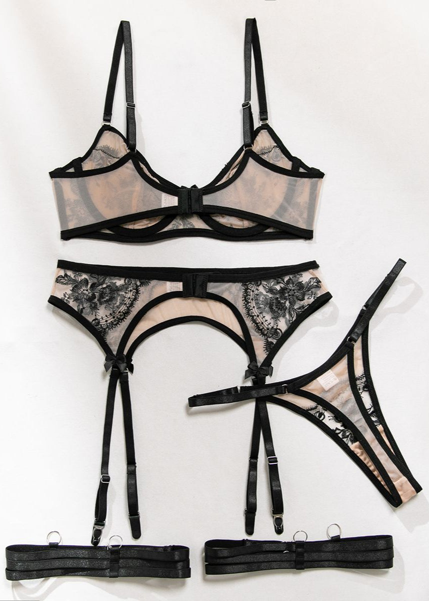 Mireille – Floral Embroidered Lingerie & Garter Belt Set