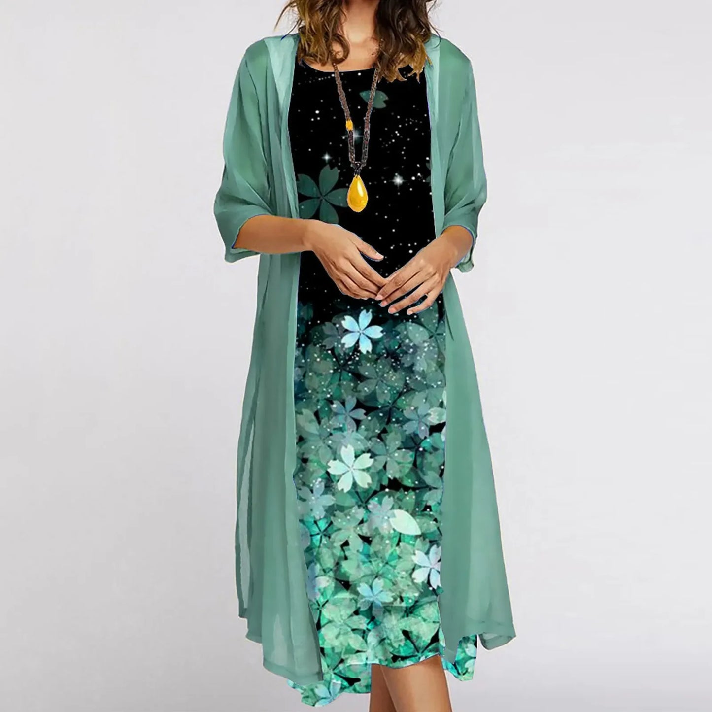 Vintage Kaftan Flower Ink Painting With Cardigan Shawl Sets Tunic Casual Women's Dress