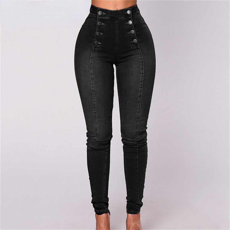 DressBetty - Vintage Skinny Double-Breasted High Waist Pencil Jeans Slim Fit Stretch Denim Pants Full Length Denim Tight
