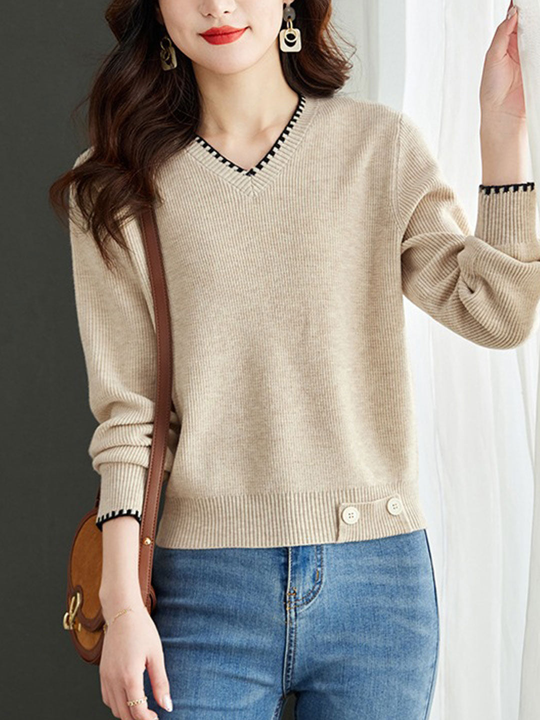 Isabella V-Neck Solid Color Knitted Sweater-Red