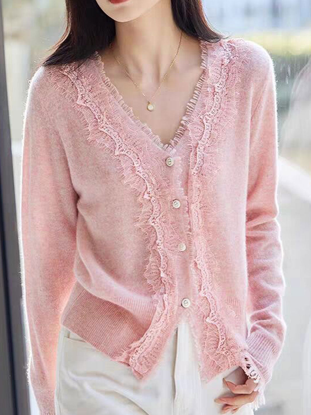 Emma Elegant V-Neck Lace Knitted Cardigan