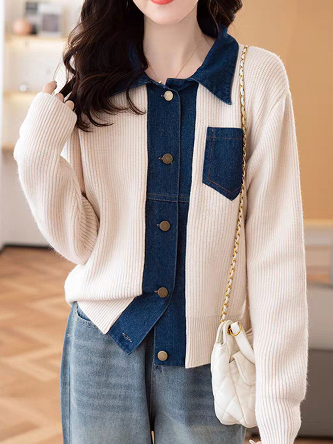 Eva Casual Lapel Patchwork Knitted Cardigan-Navy Blue