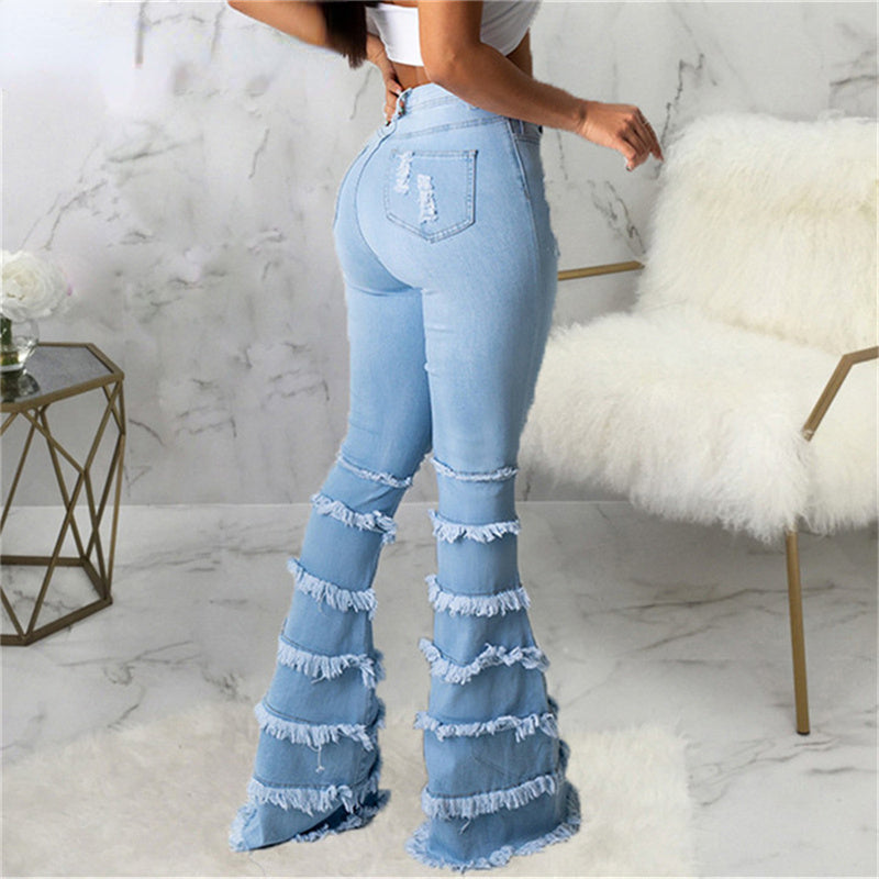 DressBetty - High Waist Stretch Denim Washed Destroyed Holes Ripped Tassel Skinny Flare Jeans