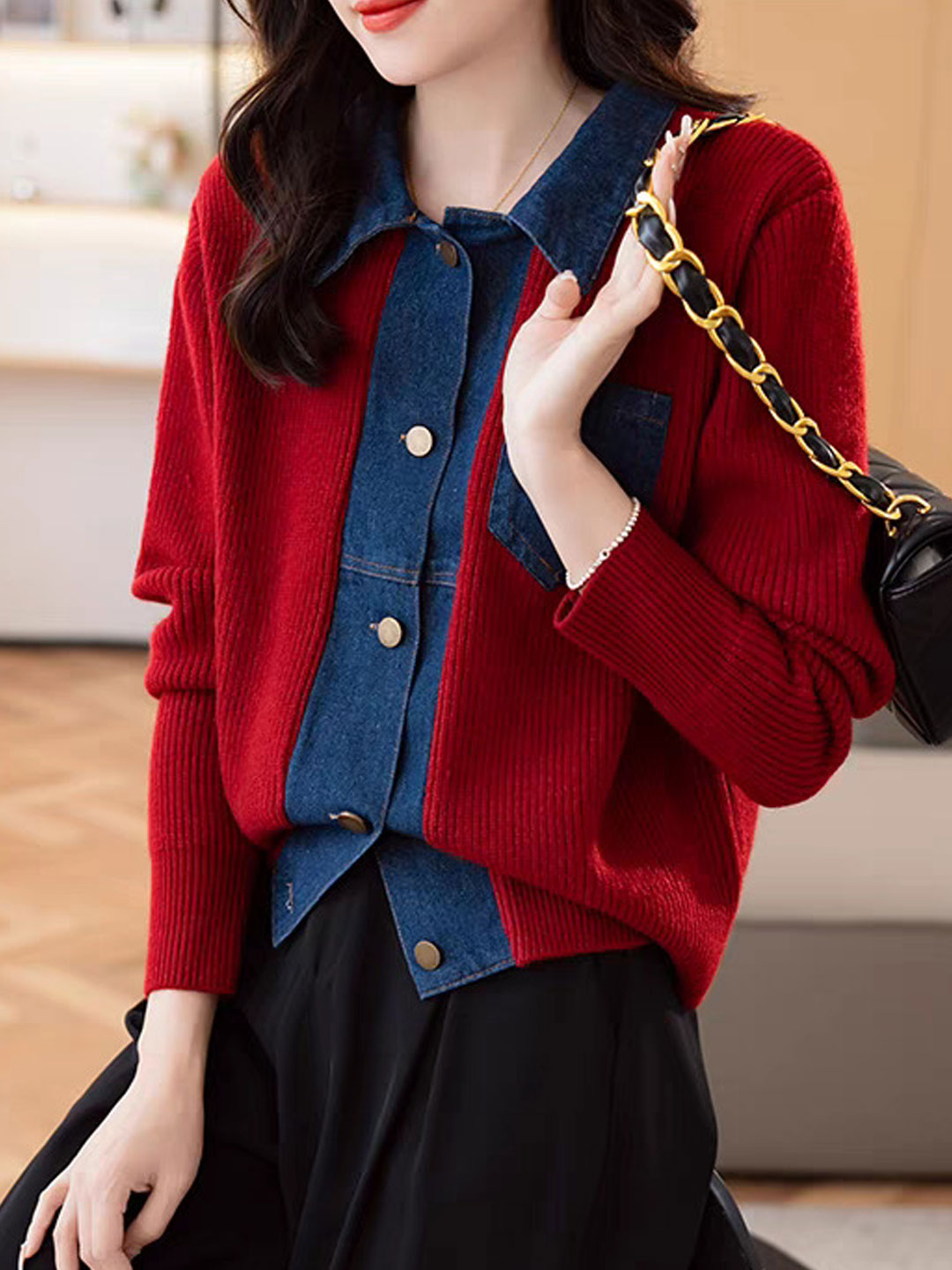 Eva Casual Lapel Patchwork Knitted Cardigan-Navy Blue