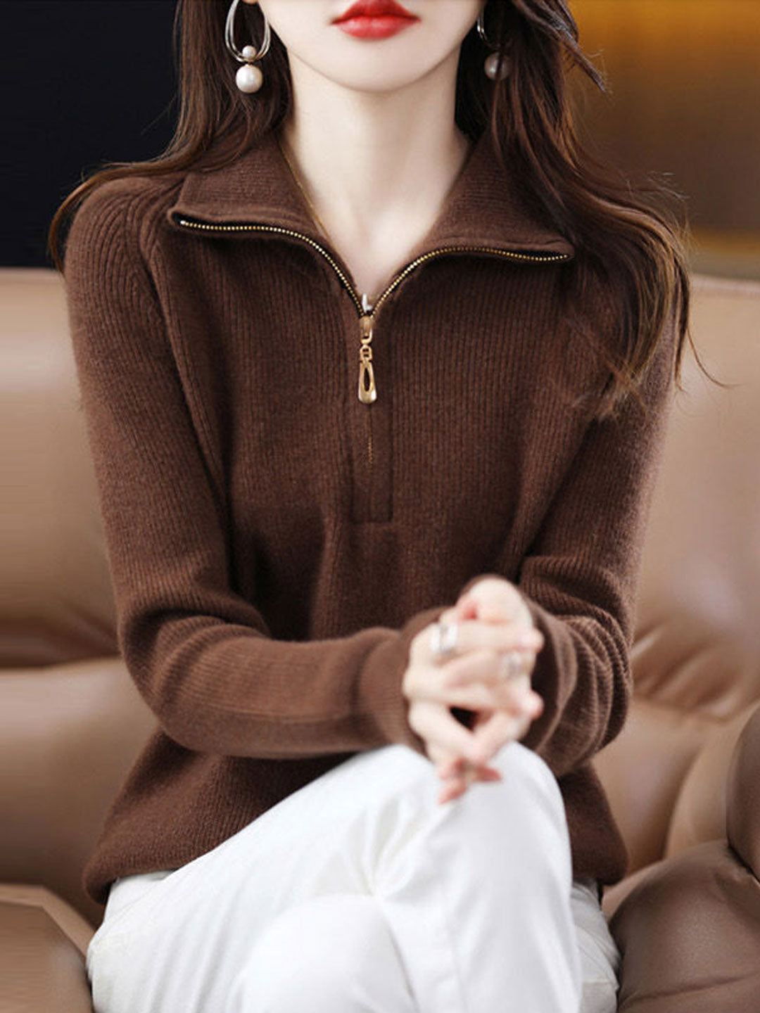 Julia Loose Pullover Zipper Knitted Coat-Blue