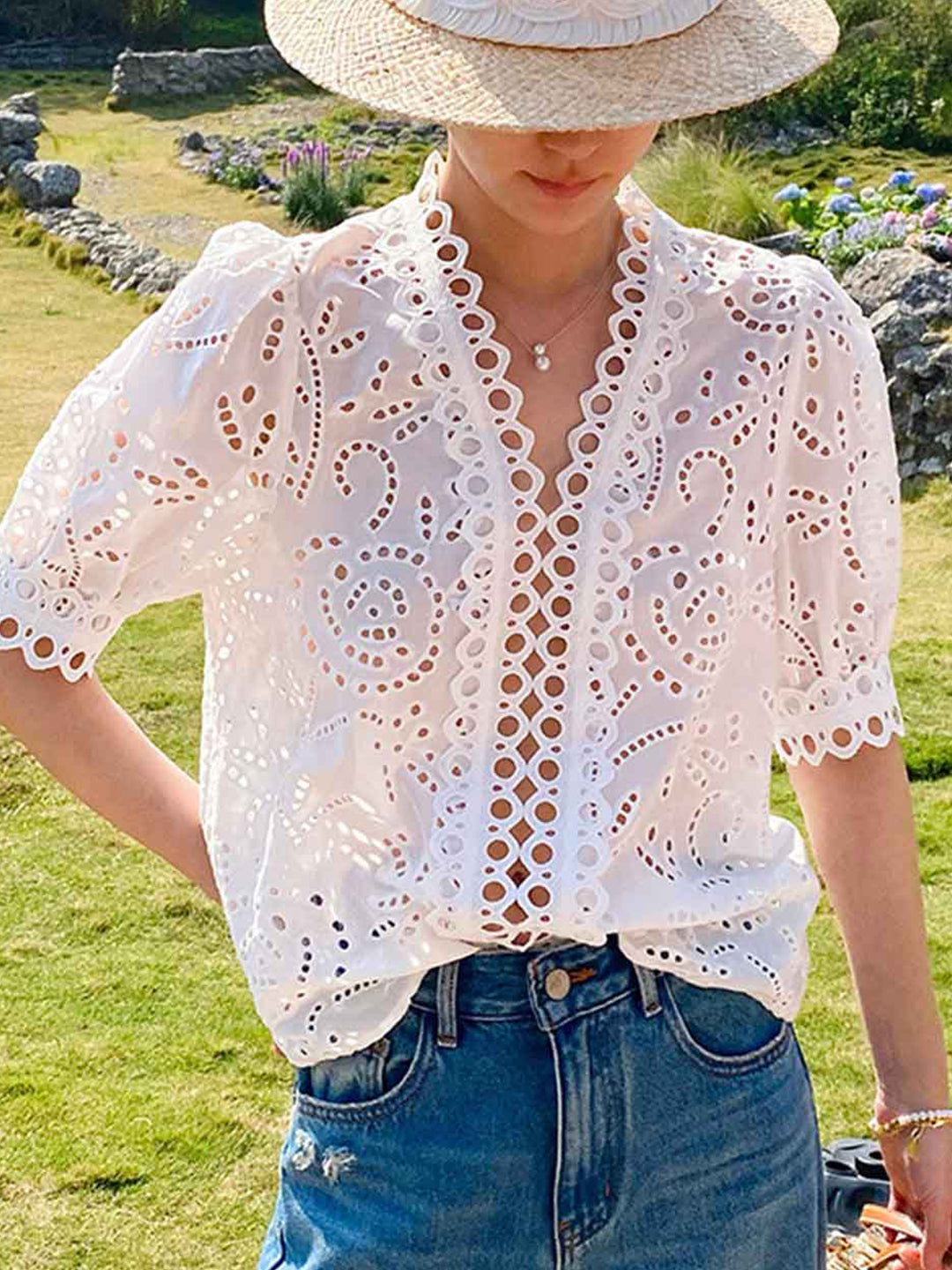 Claire Classic V-neck Embroidered Top