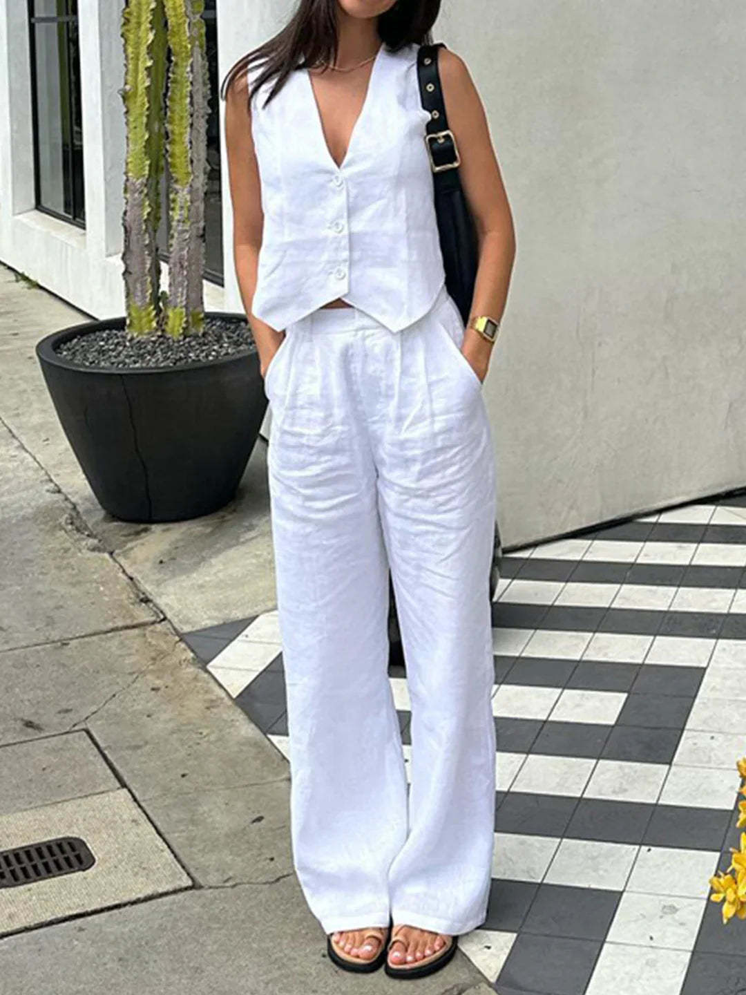 Linen Sleeveless Vest & Trousers Two-piece Set