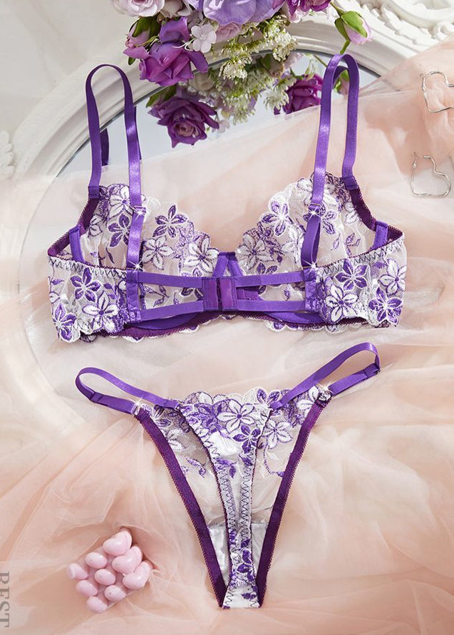 Lilac Blossom Embroidered Lingerie Set