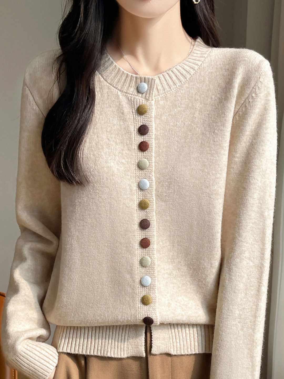 Sophia Classic Crew Neck Colorful Button Knitted Cardigan-Red