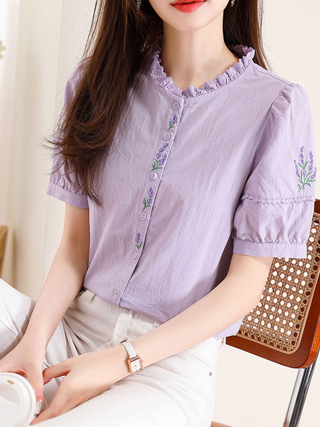 Maria Retro Embroidered Lace Puff Sleeve Shirt-White