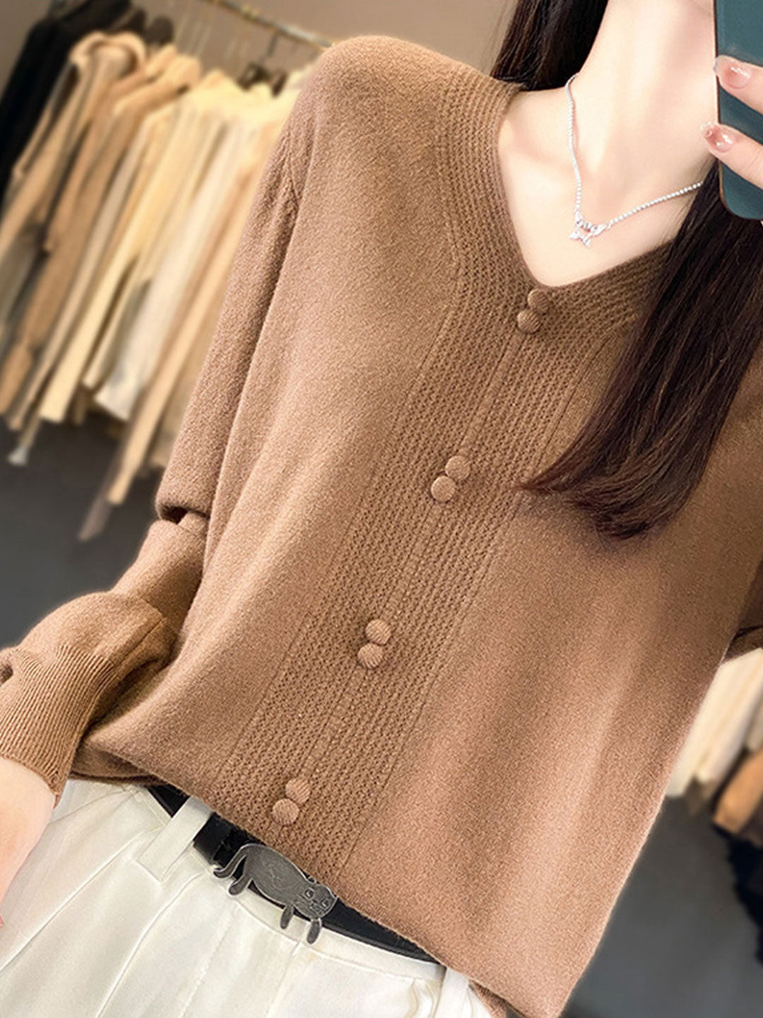 Abigail Casual V-neck Loose Knitted Sweater-Green